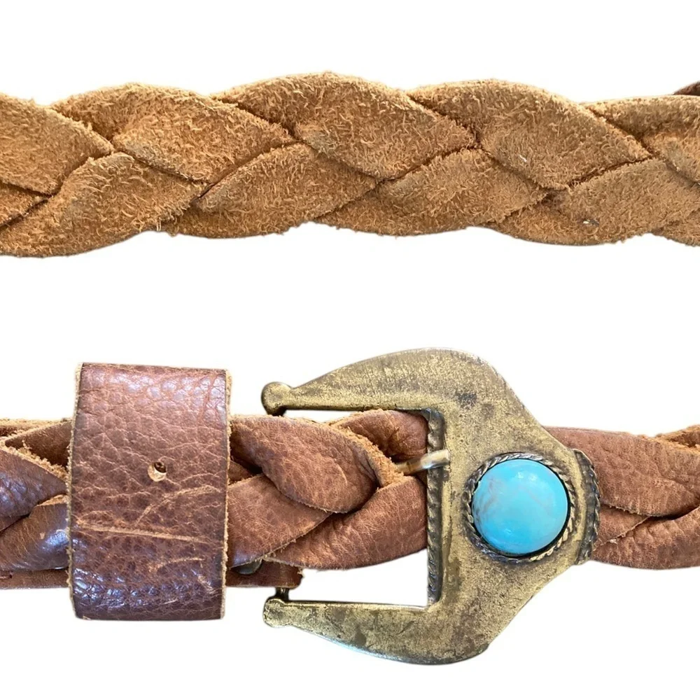 Vintage Y2K BEBE Brown Braided Leather Studded Faux Turquoise Southwest Belt M/L